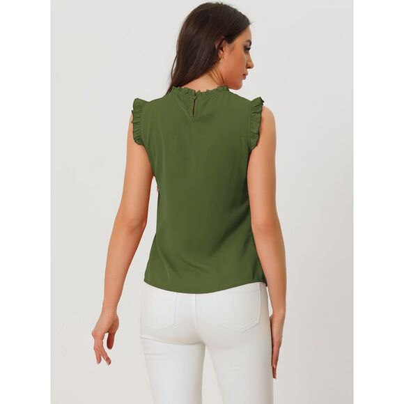 Ruffled Business Office Vintage Sleeveless Work Blouses Top Army Green - Picture 4 of 6
